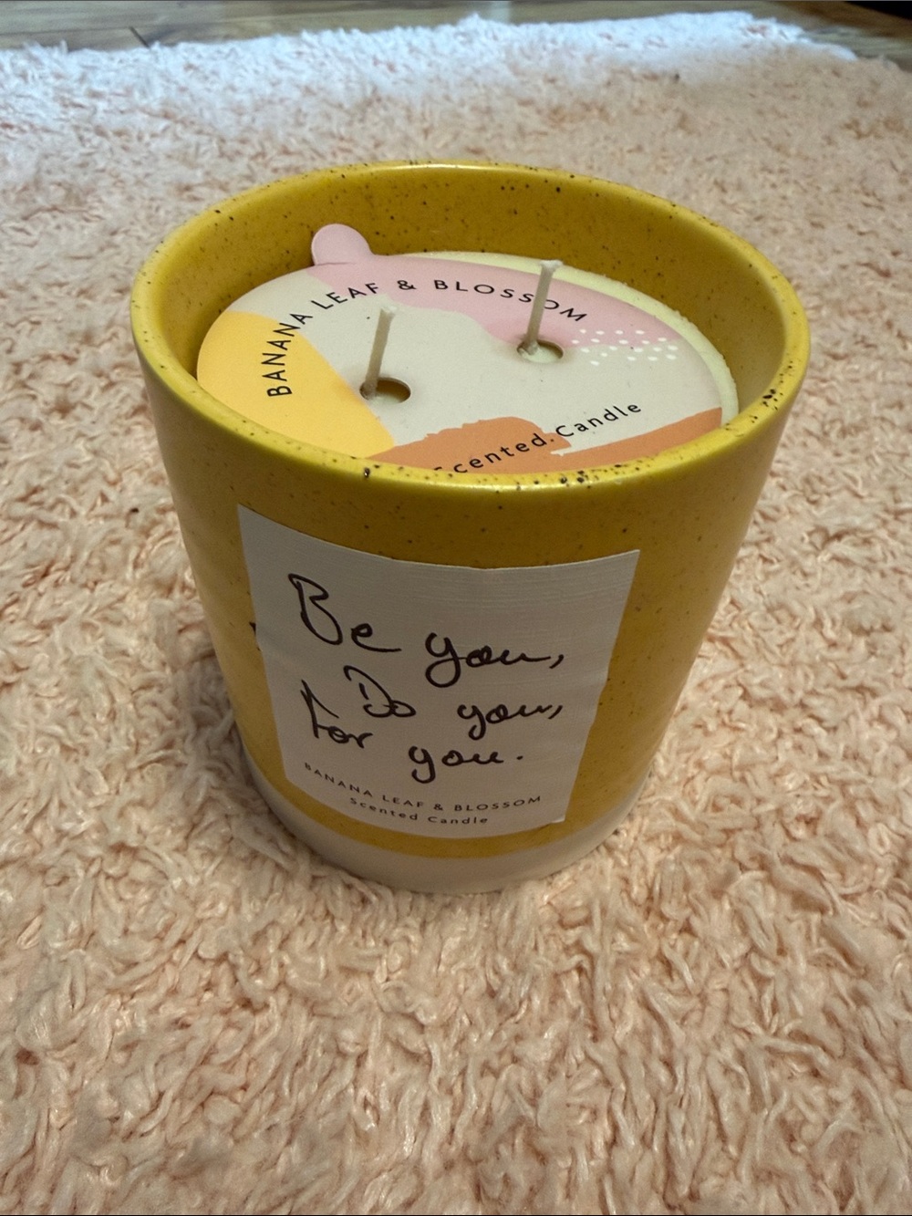 Banana Leaf and Blossom Two Wick Scented Candle Pottery Jar Yellow